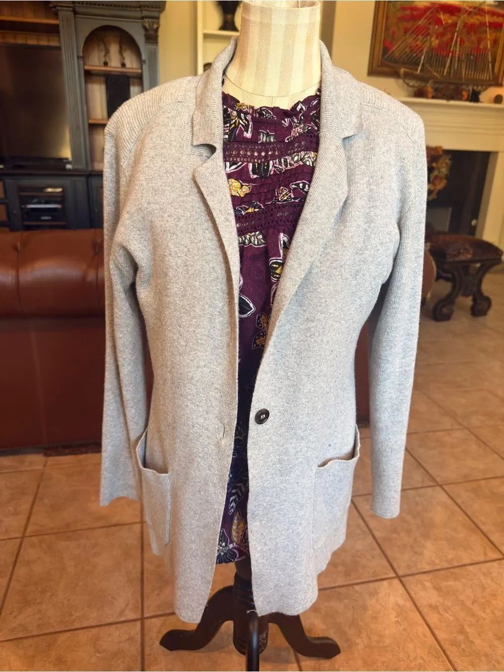 Light Gray Open-Front Knit Jacket - Picture 6 of 16